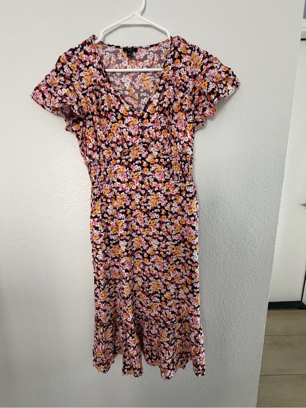Ann Taylor Floral V‑Neck Midi Dress in Black, Pink and Yellow